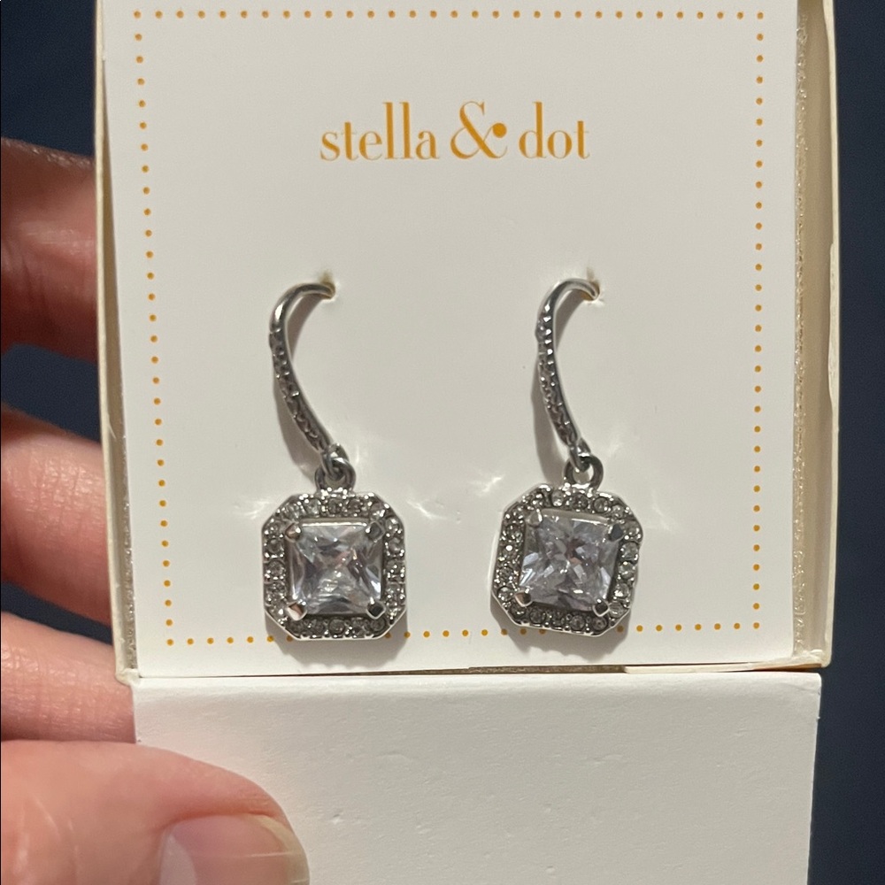 Stella & Dot Silver Square Crystal Deco Drop Earrings